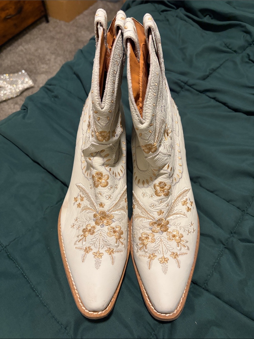 dingo White Ankle Western Boots with Gold Floral Embroidery